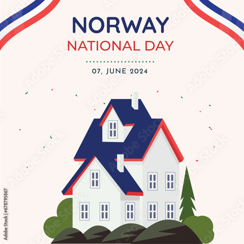 Norway national day social media post  with Norwegian flag . Landmark of House  . Vector Illustration