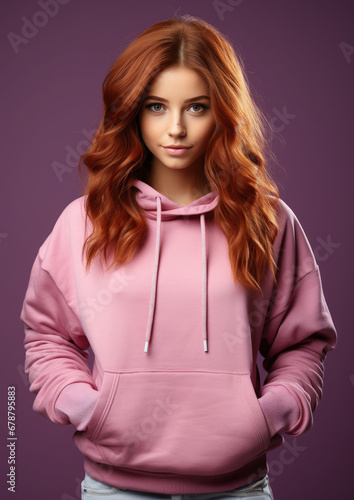 young red-haired girl in a purple hoodie, teenager, student, color background, beautiful woman, fashion, style, portrait, hairstyle, face