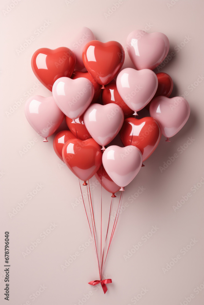 Valentine's Birthday card for social networks. Decorative bouquet of toy red pink balloons in the form of hearts on a pink background