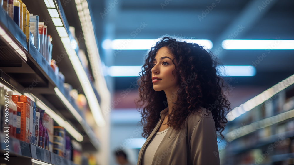 Curly-Haired Woman Browsing Products in Store Aisle. Generative AI Curly-Haired Woman Browsing Products in Store Aisle. Generative AI