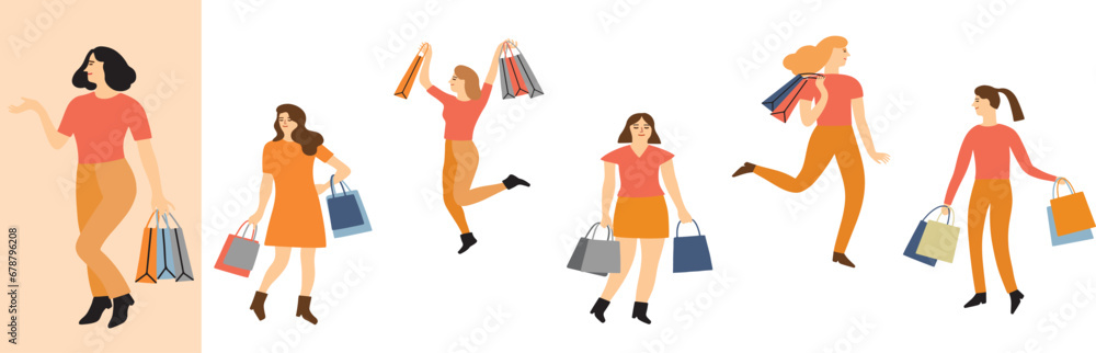 People shopping illustration set. collection of person with bag and box. big sale and discount. People shopping illustration set. collection of person with bag and box. big sale and discount.