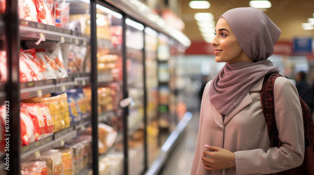 Muslim Woman Shopping for Groceries in Supermarket. Generative AI