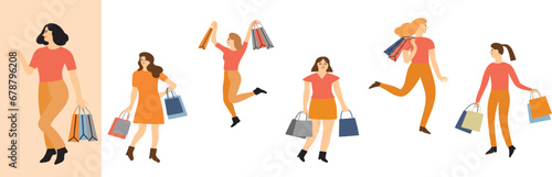 People shopping illustration set. collection of person with bag and box. big sale and discount.