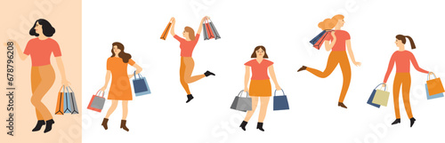People shopping illustration set. collection of person with bag and box. big sale and discount.