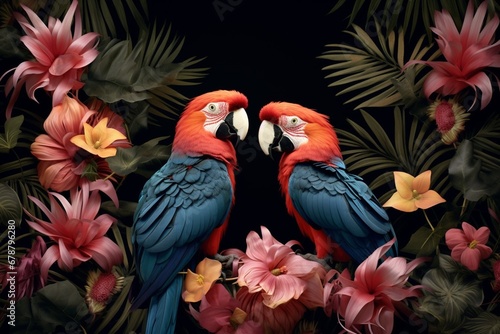 Parrots among flowers