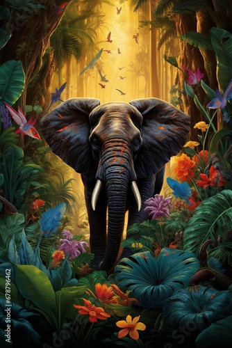 Portrait of an elephant with flowers and birds