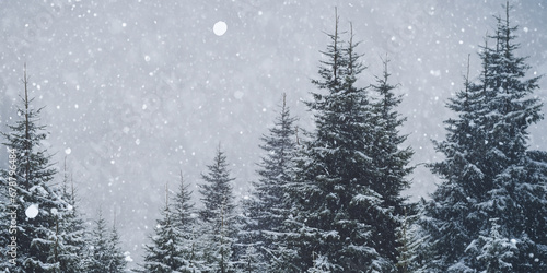 snow falling in the forest with Christmas tree 