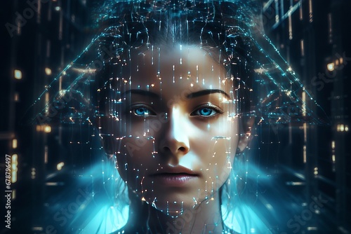 A female face with matrix digital numbers, dots, links, a hologram. The concept of artificial intelligence AI with a human face. photo