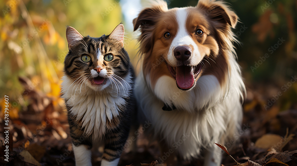 A cat playing in grass with dog