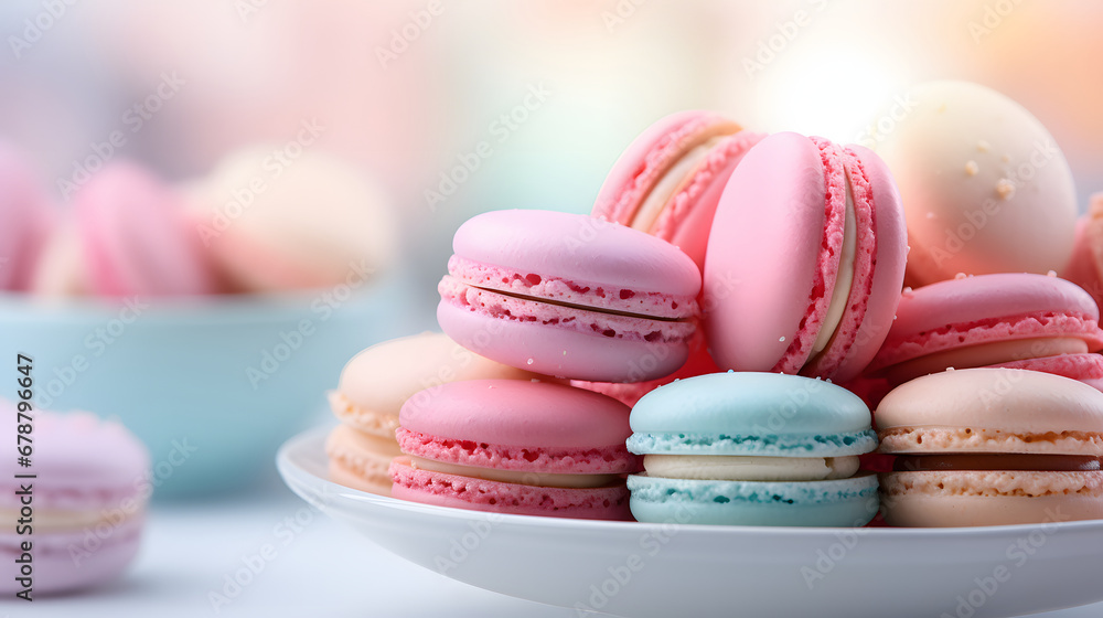 Macaroons close-up, side view. pastel colors, multi colored dessert. Empty space for your text. Cookies, pastries, flour products. Macaroons close-up, side view. pastel colors, multi colored dessert. Empty space for your text. Cookies, pastries, flour products.