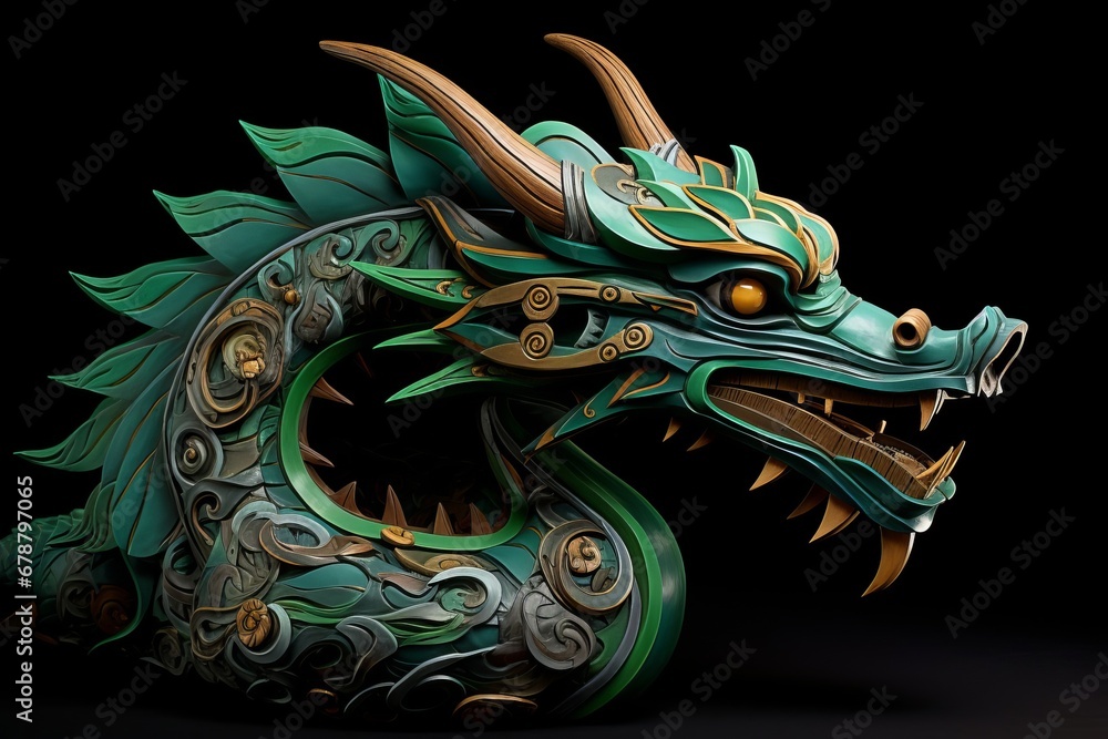 The fabulous green wooden dragon is the symbol of the 2024 New Year on black background. Colorful bright stylish New Year card