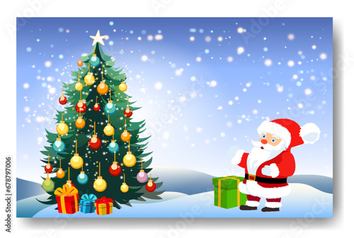 Beautiful Christmas and New Years background with decorated Christmas tree in fluffy snowdrifts against background of evening winter forest, falling snow and magical sky