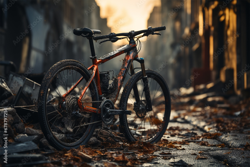 bicycle next to a landfill on an autumn street after destruction. natural disasters - obrazy, fototapety, plakaty 