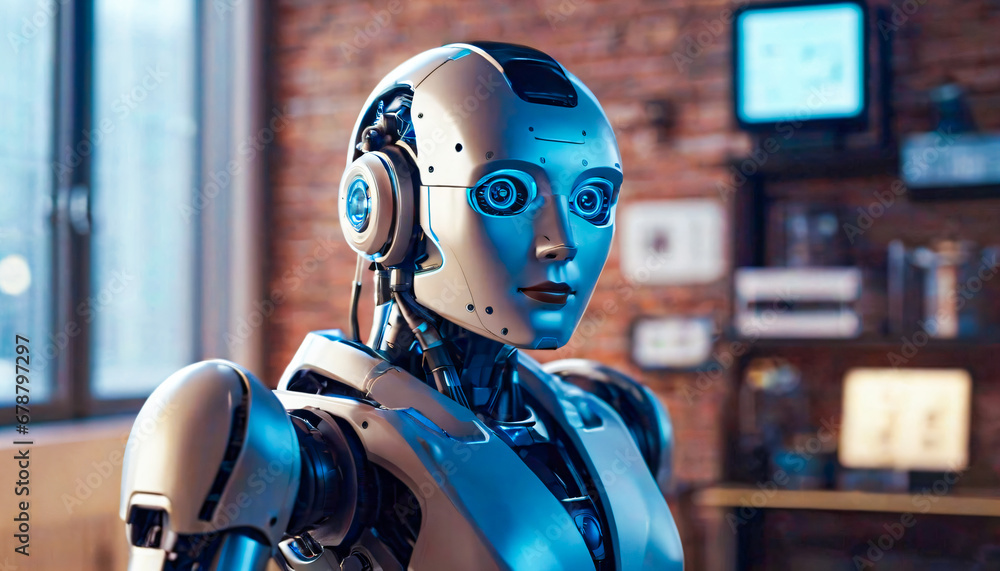 Robot in a coffee shop. Technology and people concept. 3D Rendering Robot in a coffee shop. Technology and people concept. 3D Rendering