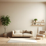 Interior of modern living room with beige walls, wooden floor, sofa, and plants. 3d mockup design, generative ai