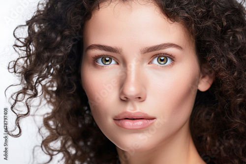 Close up portrait of a handsome young brunette women with clear skin and curly hair on a light background.salon and beauty concept