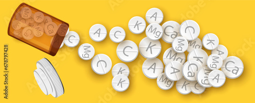 A bottle with scattered white pills, vitamins, on a yellow background, medicine concept, eps10 photo