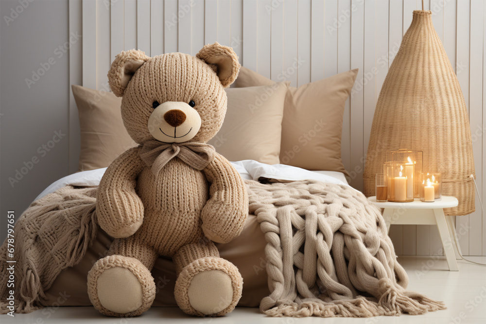 large knitted bear near the bed with knitted blankets. interior in beige tones large knitted bear near the bed with knitted blankets. interior in beige tones