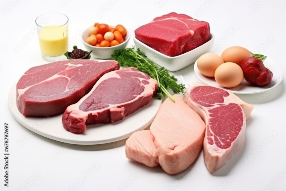 Fototapeta premium Different types of raw meat steaks. AI Generated
