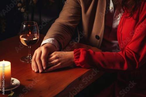 Romantic couple holding each other's hand at dinner in a restaurant