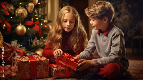 Sister and brother in sitting room unwrapping christmas gifts