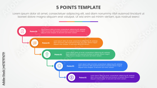 5 points stage template infographic concept for slide presentation with round rectangle stack waterfall style with 5 point list with flat style