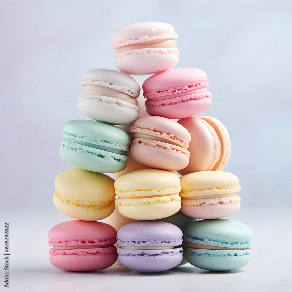 Obraz premium Macaroons close-up. A pyramid of cakes. A pile of cookies. Delicate pink and blue colors, delicious dessert.