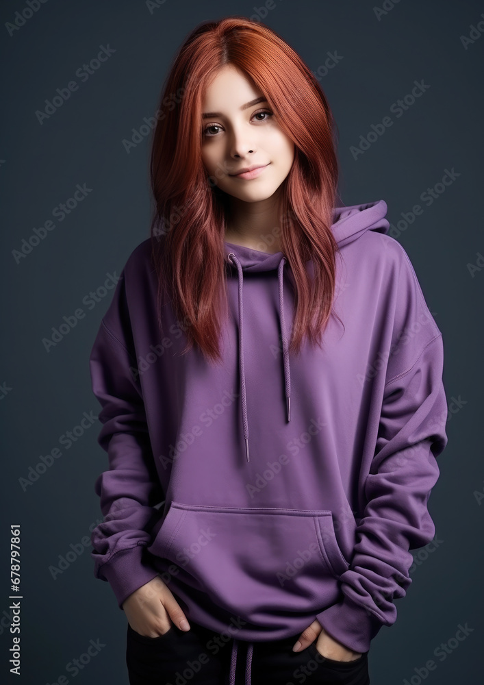 young red-haired girl in a purple hoodie, teenager, student, color background, beautiful woman, fashion, style, portrait, hairstyle, face young red-haired girl in a purple hoodie, teenager, student, color background, beautiful woman, fashion, style, portrait, hairstyle, face