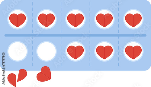Blister pack of pills in love heart shape. Cardiac illness treatment. Contraception medication. Love cure drug. Viagra heart shape tablets pack. Vector illustration.