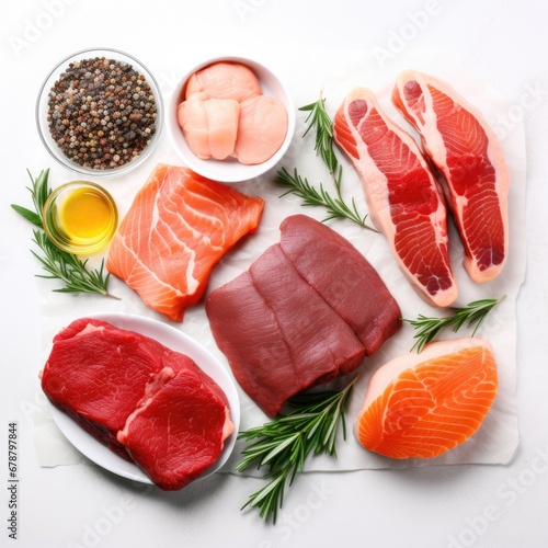 Different types of raw meat steaks. AI Generated