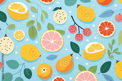 Assorted citrus fruits and berries pattern with leaves on blue background