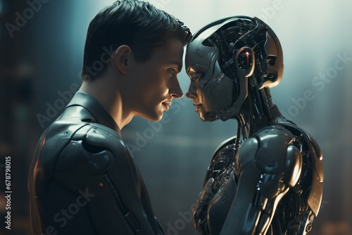 A man looking lovingly at a robot woman. Two faces are close to each other. relationship between an artificial cyborg and a real man © Alena