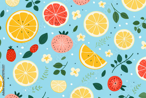 Colorful citrus fruit slices pattern on a soft blue background