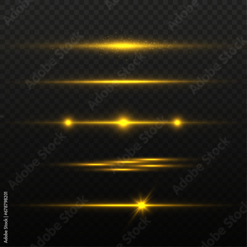 Golden horizontal lens flares pack, laser beams, light flare. Luminous abstract sparkling lines.