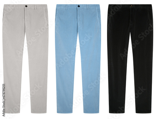 Set of trousers of different colors on a transparent background, png