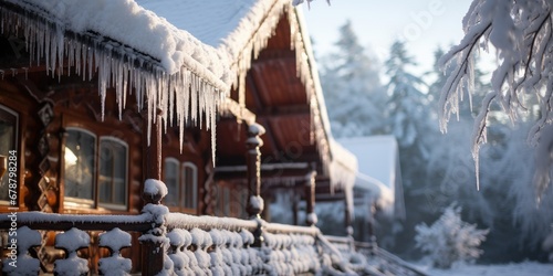 A beautiful wooden house in the forest, covered with snow and icicles. Generative AI