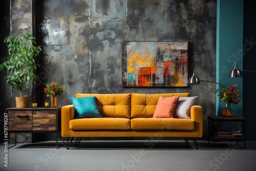 Loft interior design of modern living room with a colorful sofa against a concrete wall with grunge tiled paneling