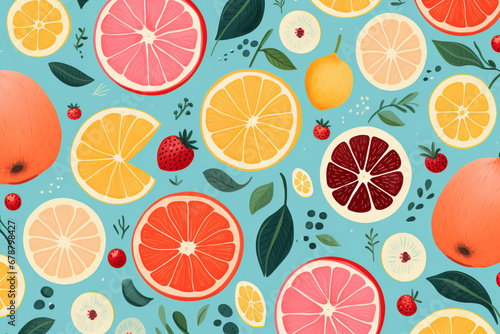 Pattern of various citrus fruits slices on a blue background