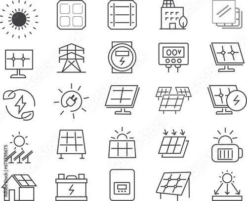 Icons for theme solar panels, vector, icon, set. White background. Solar panel related icons: thin vector icon set, black and Green, Yellow kit.