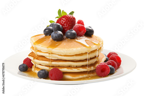 pancakes with berries and sirup isolated on white background