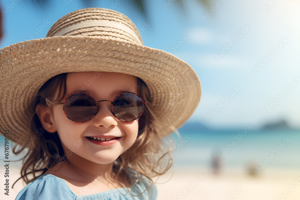 Portrait of a beautiful little girl wearing a hat and sunglasses at the beach on vacation with her family. Copy space