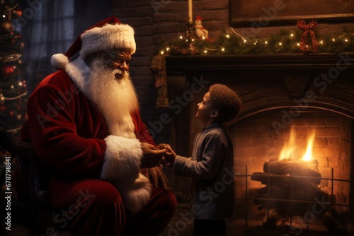 An African-American old man Santa Claus in glasses, a red hat and a fur coat is talking to a small black child in a room with a fireplace.