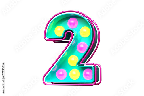 Light bulb marquee font 3D digit number 2 in teal with pink and yellow lights. High quality 3D rendering.