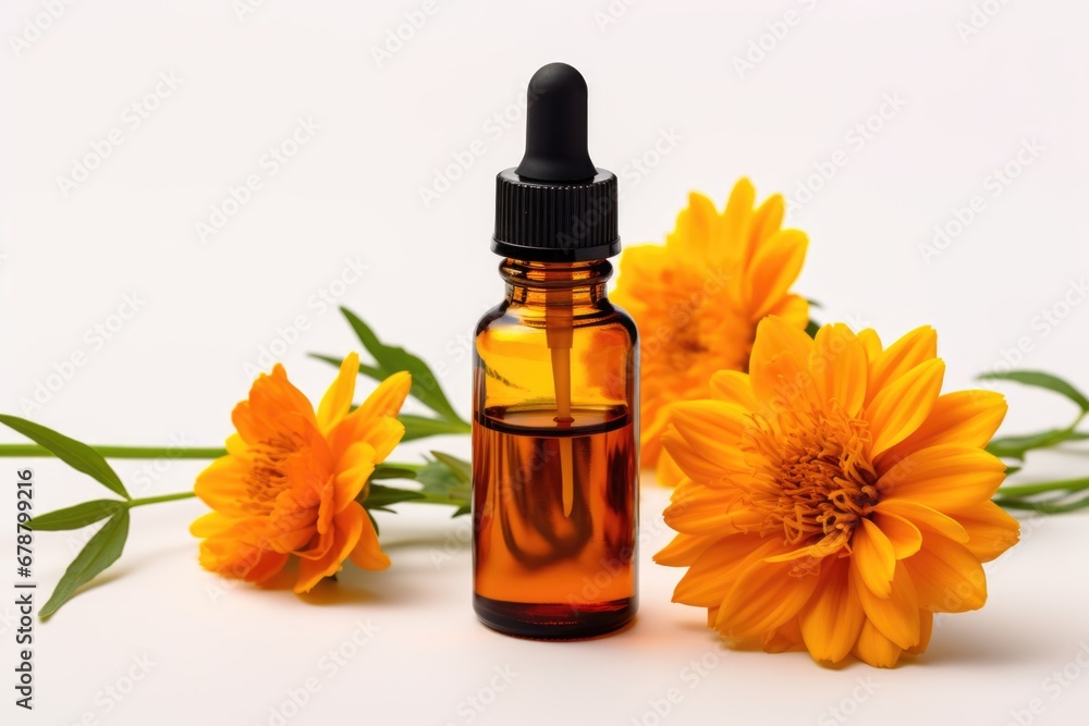 A bottle of essential oil next to a bunch of marigold flowers. Dark glass bottle on white background. A bottle of essential oil next to a bunch of marigold flowers. Dark glass bottle on white background.
