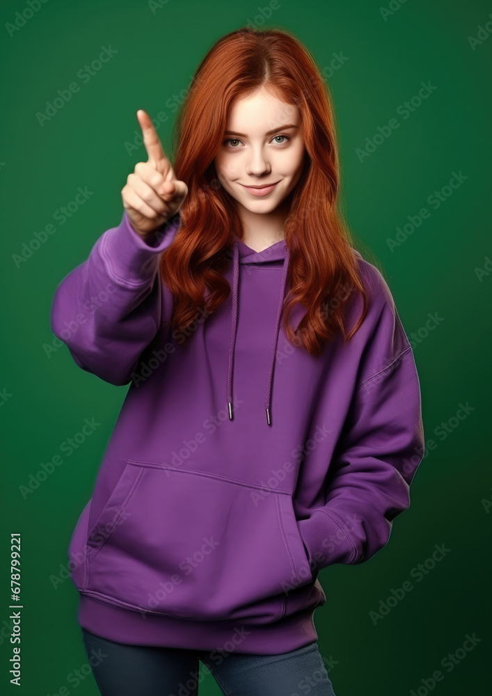 young red-haired girl in a purple hoodie points with her finger, teenager, student, color background, beautiful woman, fashion, style, portrait, hairstyle, face, pointing gesture young red-haired girl in a purple hoodie points with her finger, teenager, student, color background, beautiful woman, fashion, style, portrait, hairstyle, face, pointing gesture