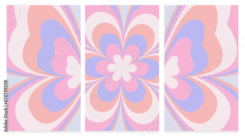 Y2k retro gragient posters. Groovy hippie 70s pastel vector backgrounds. Butterfly and flower in trendy 90s, 00s psychedelic style.