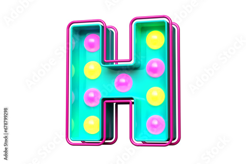 Colorful 80s style font 3D letter H. Vintage light bulb marquee lettering. High quality 3D rendering.