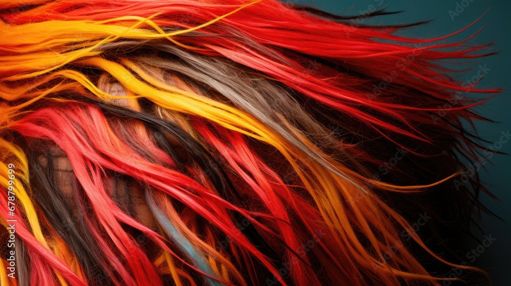 a close up of a person's hair with red, yellow, and orange streaks of