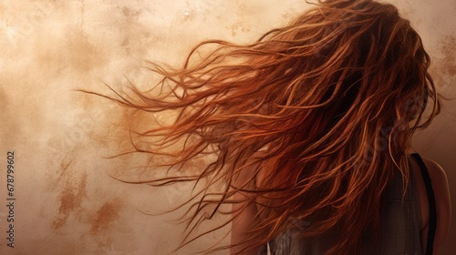  the back of a woman's head with long, red hair blowing in the wind in front of a dirty, grungy, stucco - looking wall. photo