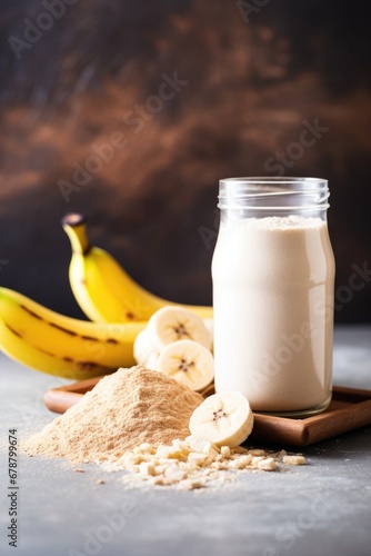 Healthy banana protein shake in mason jar. AI Generated